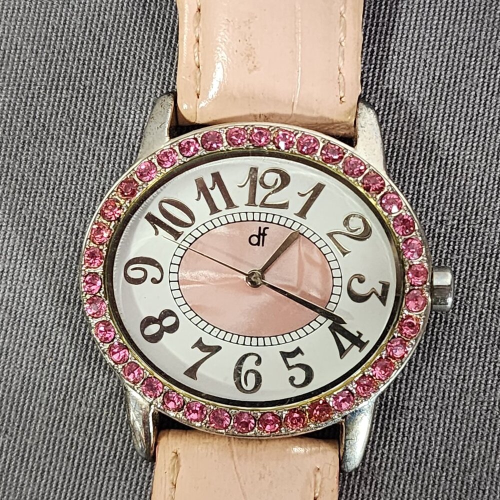 DF Daisy Fuentes Pink Rhinestone Japan Mvmt DF/1307 Simulated Leather Band Watch
